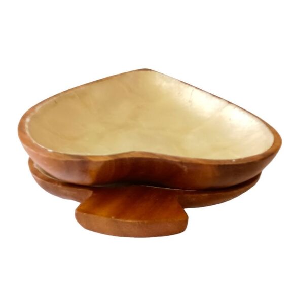 2 Capiz Shell Lined Monkey Pod Dish Set MCM Card Suit Bowls Acacia Spade Heart. - Picture 9 of 16